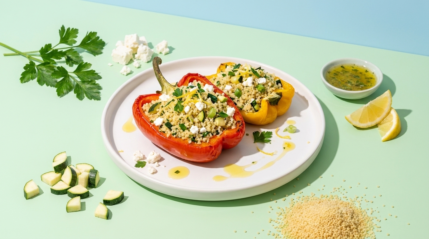 Zwei mit Couscous, Feta und Kräutern gefüllte Paprikahälften (rot und gelb) auf weißem Teller, dazu Zitronenspalten und kleine Schüssel mit Dressing; Zucchinistücke und lose Couscouskörner auf hellem Untergrund.