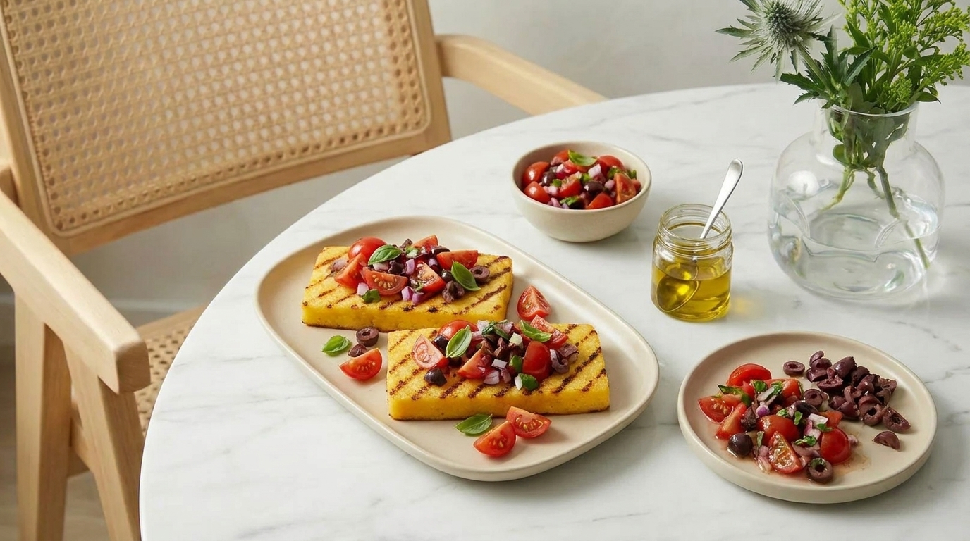 Zwei gegrillte Polentaschnitten auf einem Teller, belegt mit Cherry‑Tomaten, Kalamata‑Oliven, roten Zwiebeln und Kräutern; daneben Schälchen mit Tomaten‑Oliven‑Salat und Glas Olivenöl.