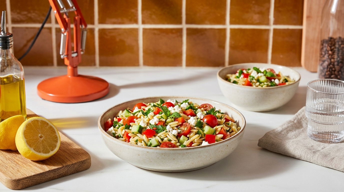 Zwei Schalen mit mediterranem Orzo-Nudelsalat mit Kirschtomaten, Gurke, Feta und frischen Kräutern, auf einer Küchenarbeitsfläche angerichtet.