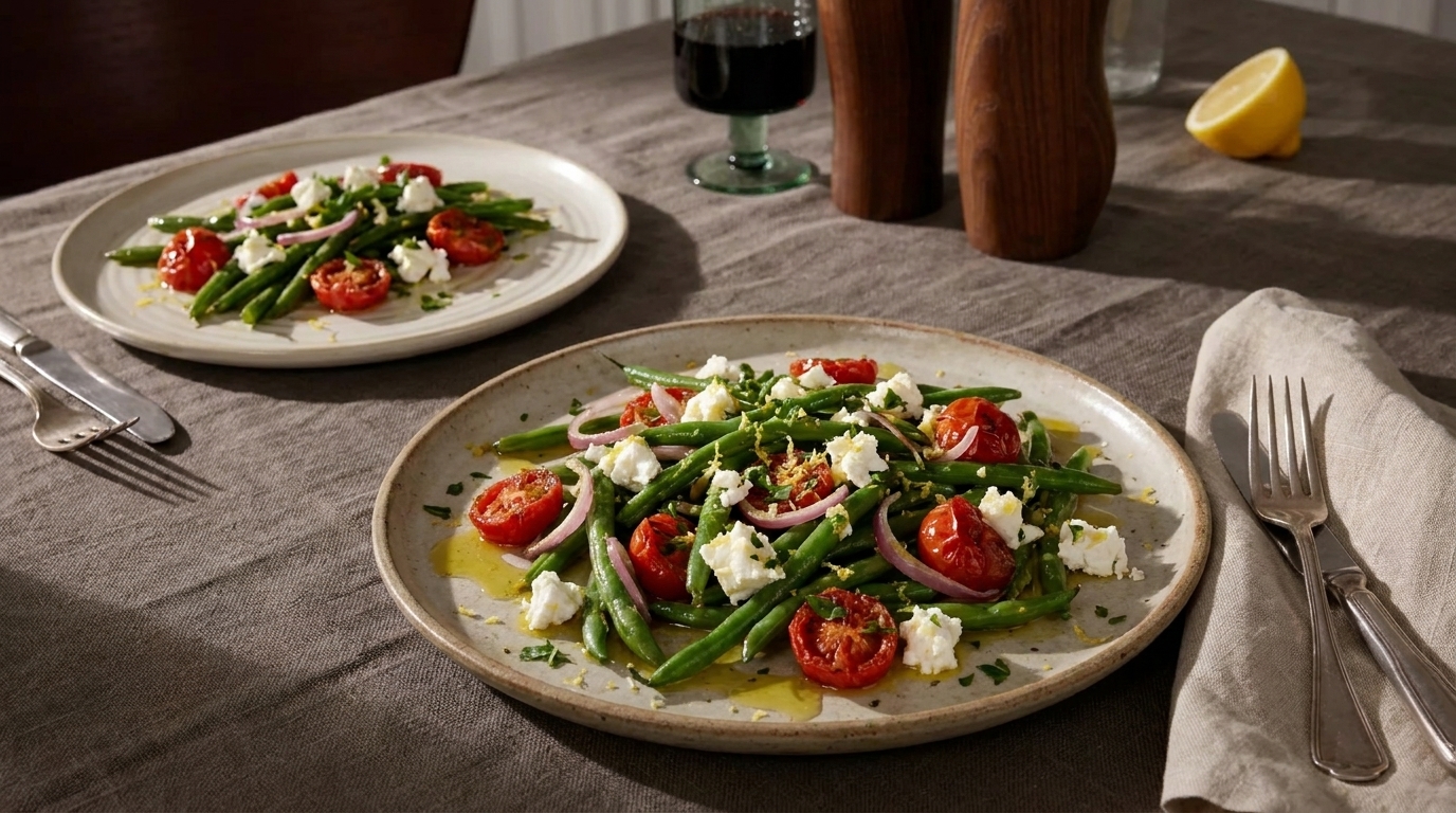 Teller mit grünem Bohnensalat, halbierten Tomaten, zerbröseltem Feta, Kräutern und Olivenöl.
