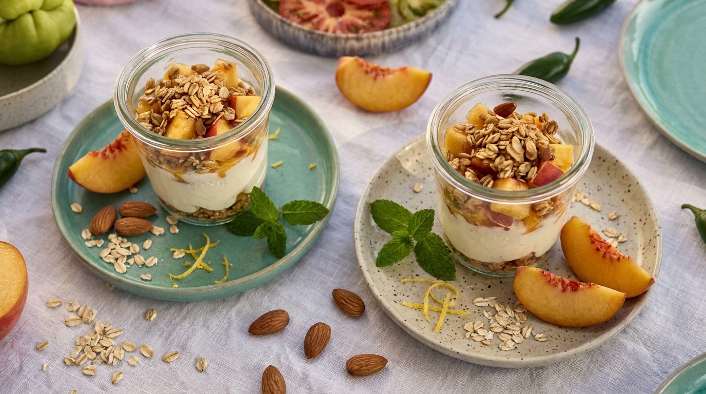 Zwei Gläser mit Schichtdessert aus Joghurt, Haferflocken/Granola und frischen Pfirsichscheiben, garniert mit Mandeln und Minzblättern auf Tellern.
