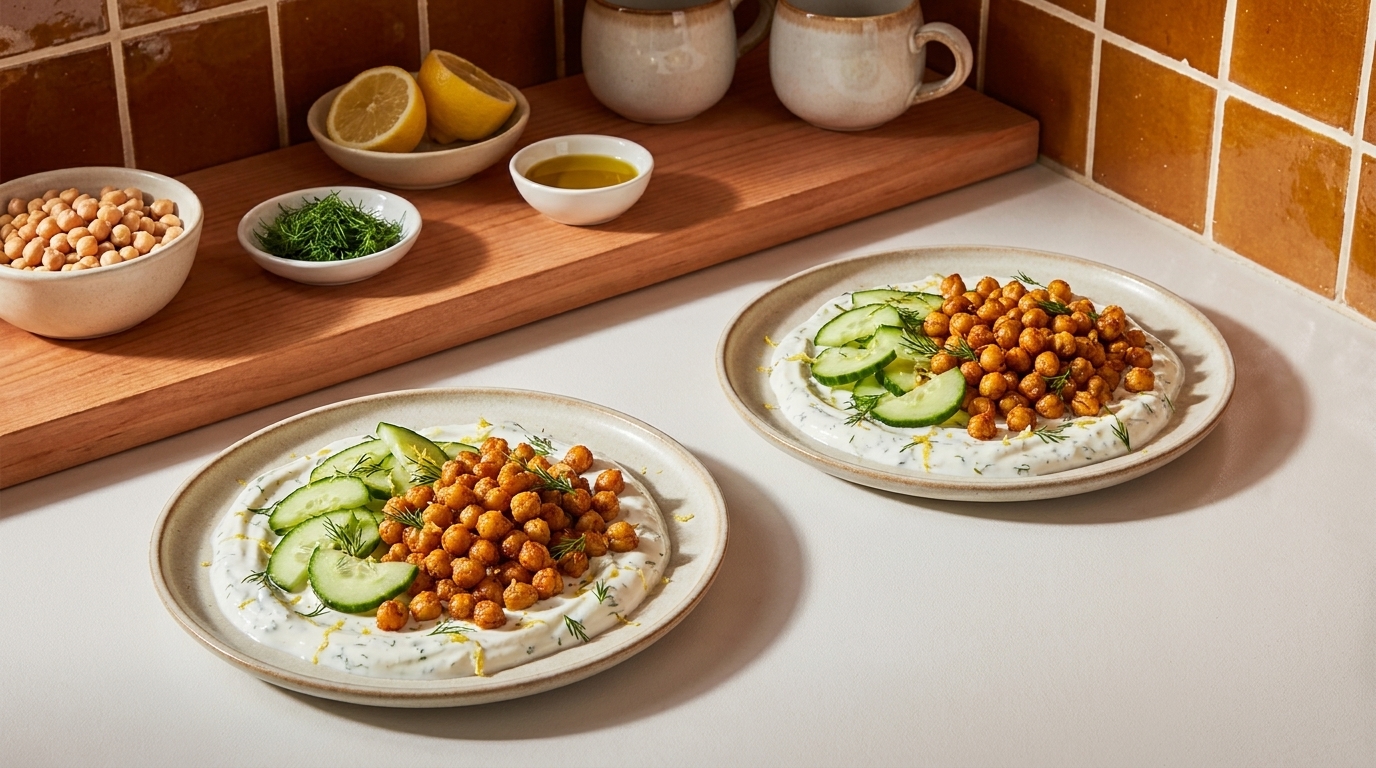 Zwei Teller mit cremigem Joghurt-Dip, in der Mitte geröstete Kichererbsen, daneben Gurkenscheiben und frische Kräuter, garniert mit Olivenöl und Zitronenscheiben.