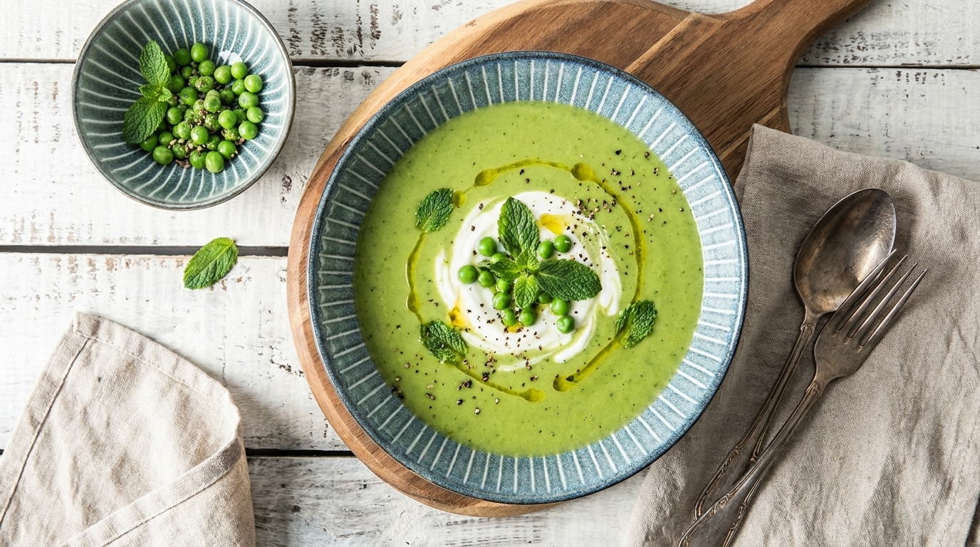 Schale grüner Erbsensuppe, garniert mit Sahnecreme, frischen Erbsen, Minzblättern, Pfeffer und etwas Öl, auf einem Holzbrett neben Besteck.