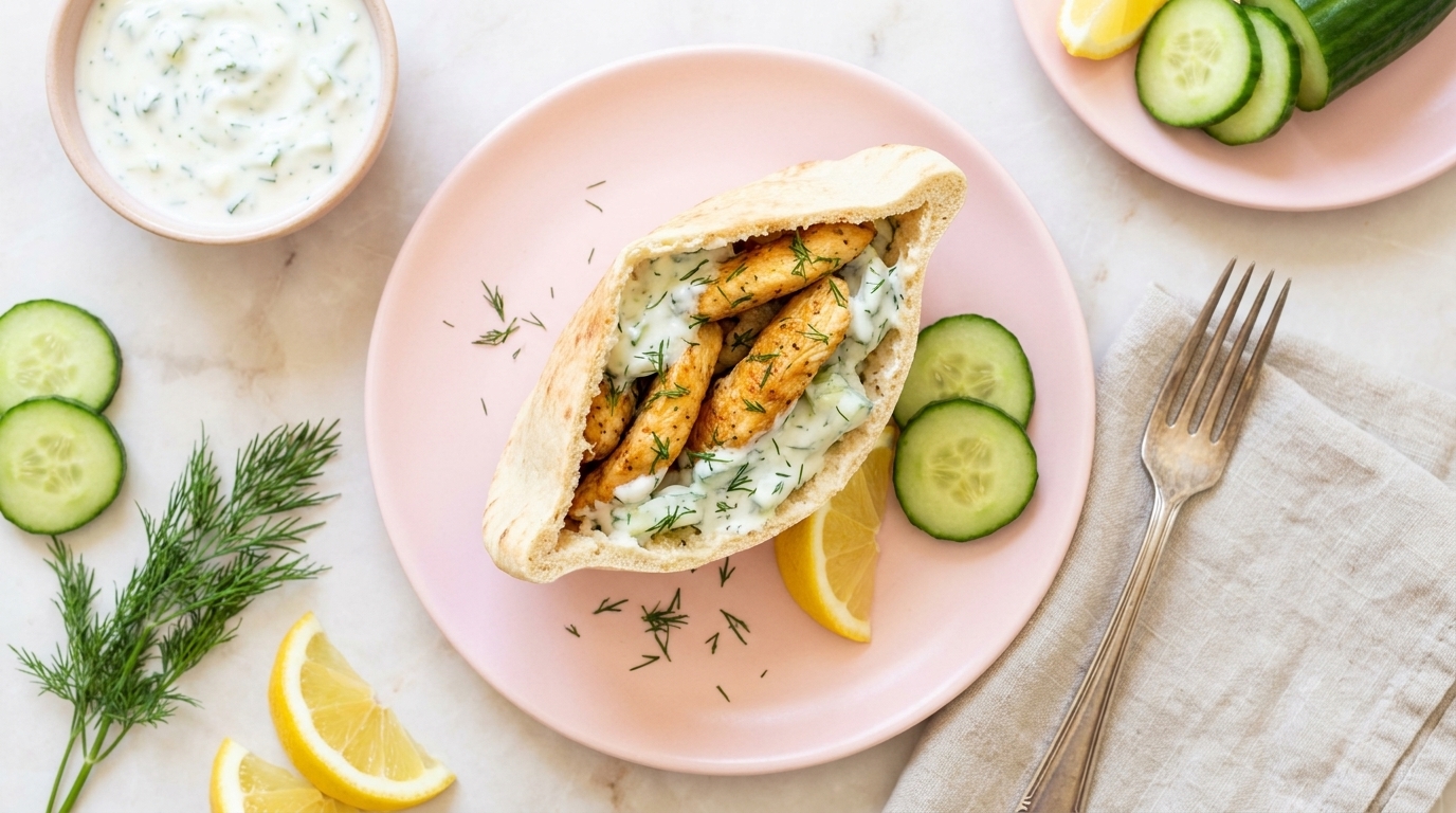 Gefülltes Pitabrot mit gegrillten Hähnchenstreifen und cremigem Tzatziki, garniert mit Dill, Gurkenscheiben und Zitronenspalte auf einem rosa Teller.
