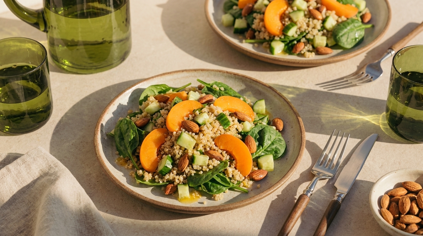 Zwei Teller mit sommerlichem Salat: Babyspinat, körniges Getreide, Aprikosenscheiben, grüne Gemüsestücke und Nüsse, auf hellem Tisch angerichtet.