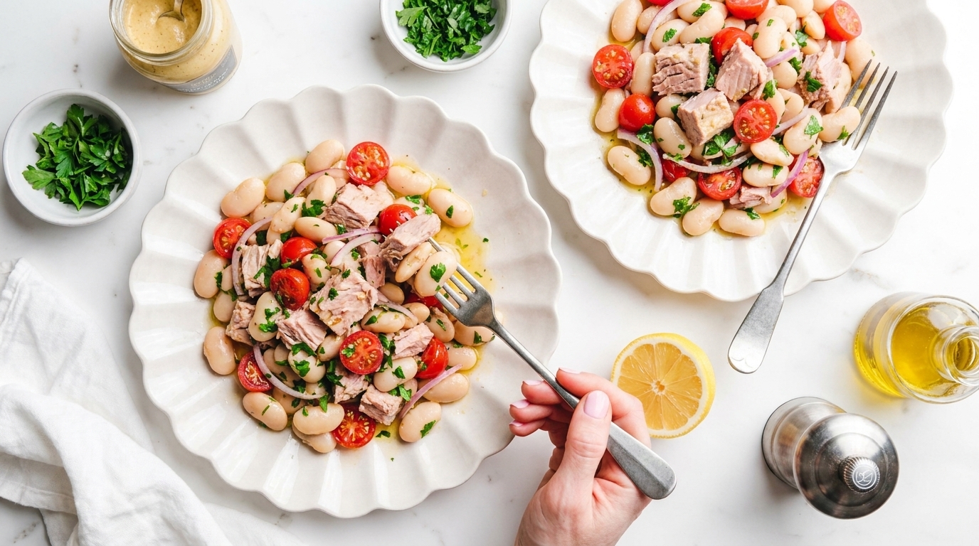 Zwei Teller Bohnensalat mit weißen Bohnen, Thunfisch, halbierten Cherrytomaten, Petersilie und Dressing; Hand hält Gabel über einem Teller.