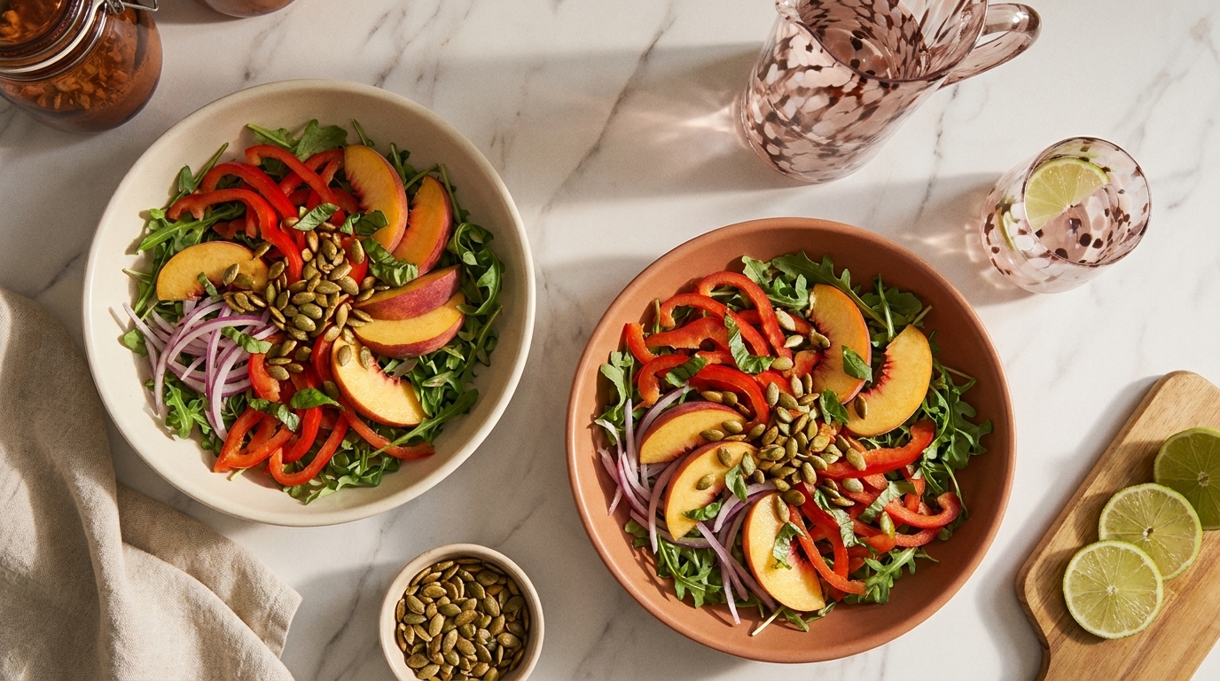 Zwei Schalen mit frischem Sommersalat aus Rucola, Pfirsichscheiben, roten Paprikastreifen, roten Zwiebeln und Kürbiskernen.