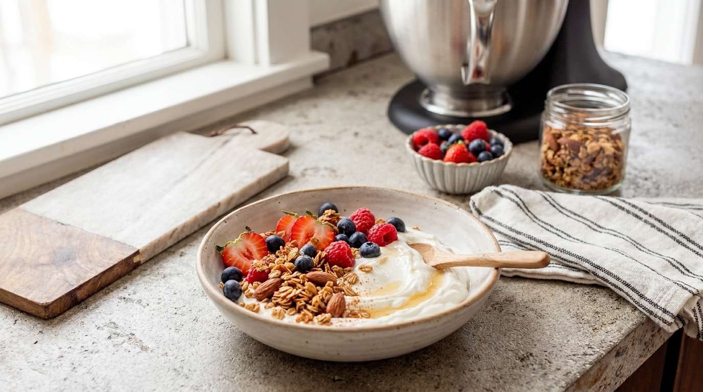 Schale mit Joghurt, knusprigem Müsli und frischen Beeren (Erdbeeren, Heidelbeeren, Himbeeren) und einem Holzlöffel auf einer Küchenarbeitsplatte.