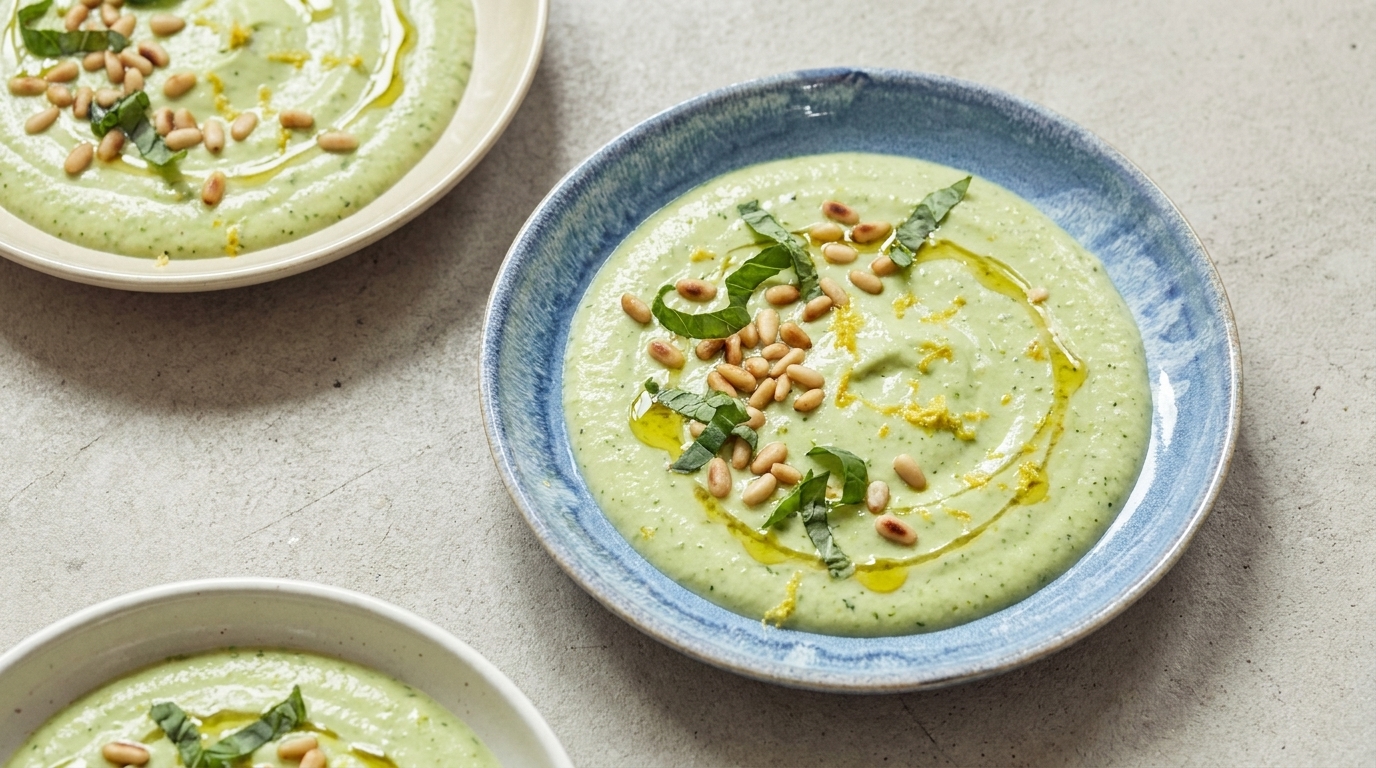 Drei Schalen mit cremiger grüner Suppe, beträufelt mit Olivenöl, garniert mit Pinienkernen und frischem Basilikum.