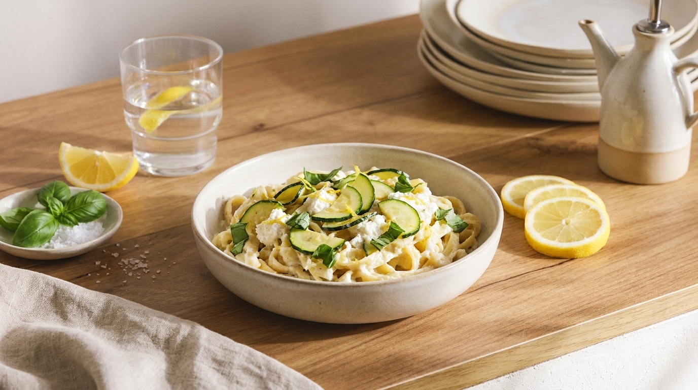 Schale mit cremiger Pasta (Bandnudeln), garniert mit Zucchinischeiben, Zitronenscheiben und frischen Kräutern auf einem Holztisch.