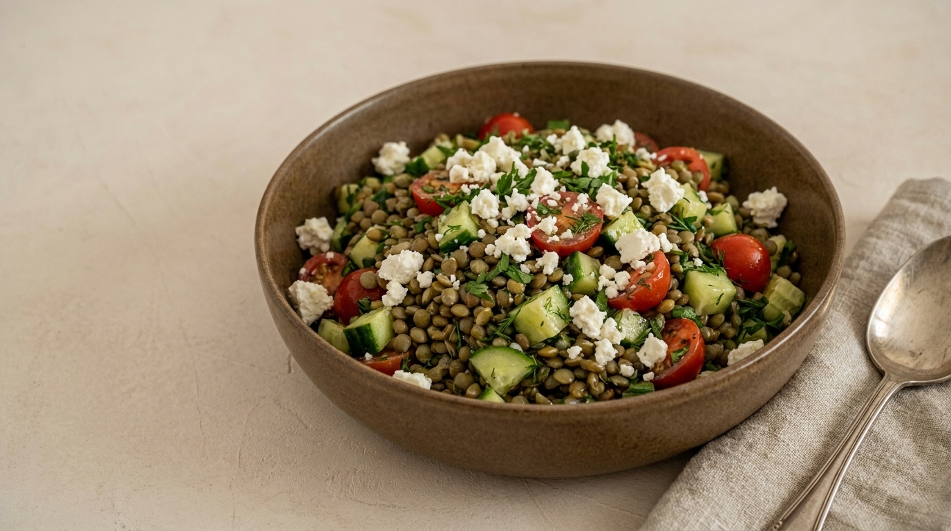 Blick auf eine Schüssel mit Linsensalat aus grünen Linsen, gewürfelter Gurke, halbierten Kirschtomaten, zerbröseltem Feta und frischen Kräutern.
