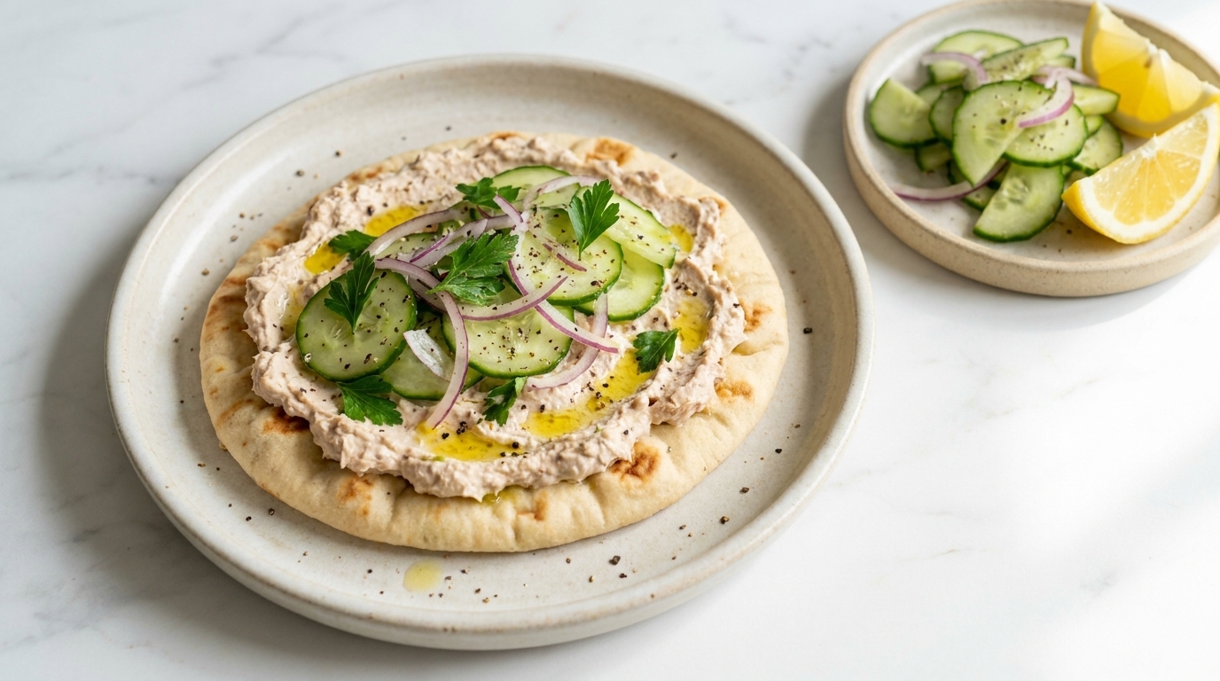 Fladenbrot mit cremigem Aufstrich, Gurkenscheiben, roten Zwiebelringen, Petersilie und Olivenöl; daneben Schale mit Gurkensalat und Zitronenspalten.