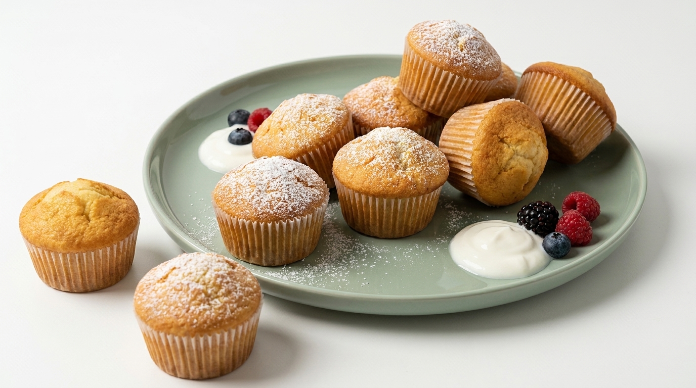 Mehrere goldbraune Muffins, teils mit Puderzucker bestäubt, auf einem grünen Teller, daneben Kleckse Joghurt und einige frische Beeren.