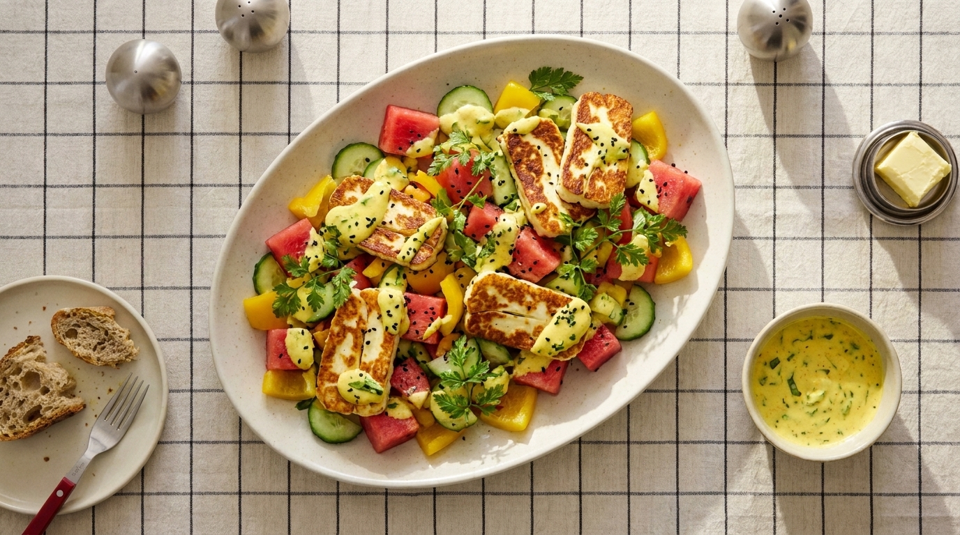 Ovaler Teller mit sommerlichem Salat aus gegrilltem Halloumi, Würfeln von Wassermelone, Gurkenscheiben, gelber Paprika und frischen Kräutern, leicht gewürzt.