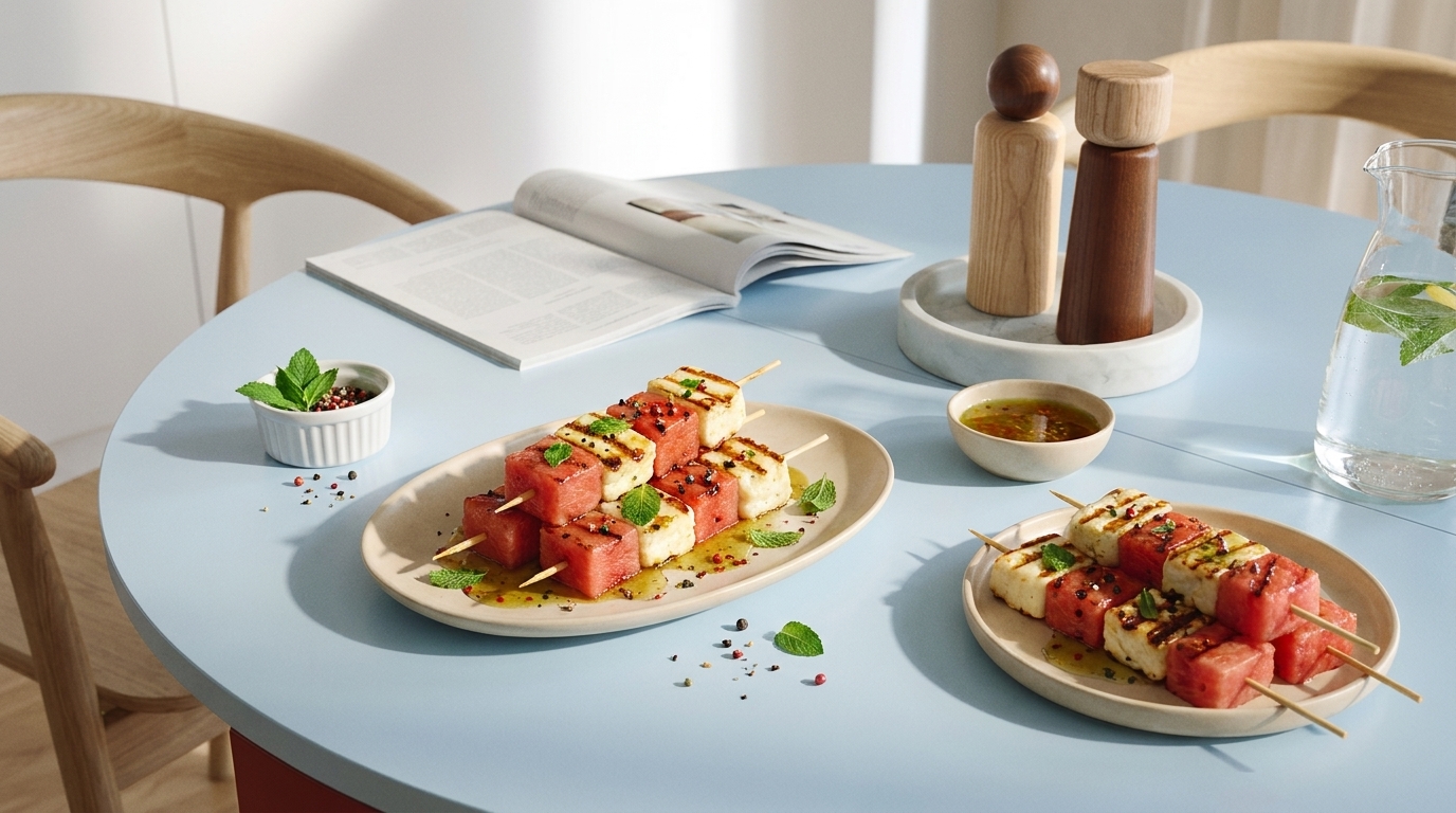 Zwei Teller mit Spießen aus Wassermelonen- und Halloumi-Würfeln, leicht gegrillt und mit Kräutern sowie einer Sauce garniert, auf einem hellblauen Esstisch.