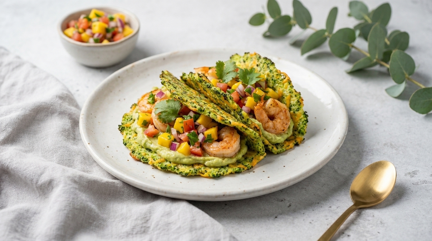 Zwei grüne Gemüse-Tacos auf einem weißen Teller, gefüllt mit gebratenen Garnelen, Mango-Salsa, roten Zwiebeln und Koriander.