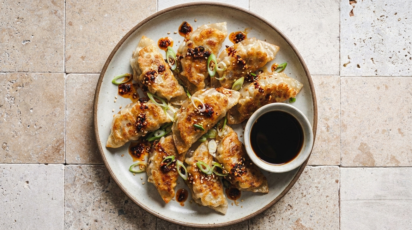 Teller mit goldbraun gebratenen Teigtaschen (Gyoza), garniert mit Frühlingszwiebeln, Sesam und Chiliöl, daneben eine kleine Schale dunkler Sojasauce zum Dippen.