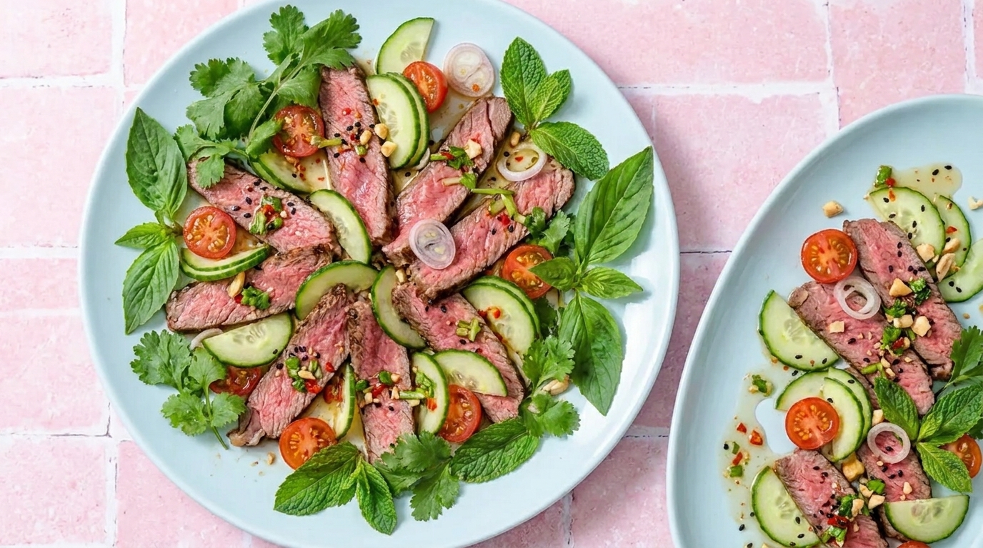 Teller mit in Scheiben geschnittenem rosa gebratenem Rindersteak auf Gurkenscheiben, Cherrytomaten, Schalotten, frischen Kräutern (Minze, Koriander) und gehackten Nüssen.