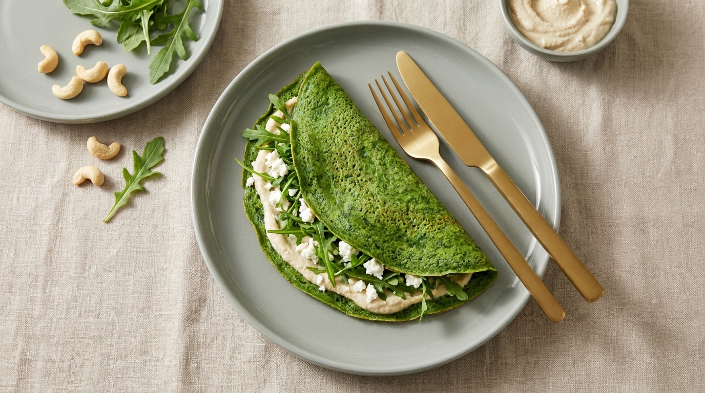 Gefalteter grüner Pfannkuchen (Spinat) gefüllt mit Rucola und weißem Frischkäse, auf grauem Teller mit Messer und Gabel.