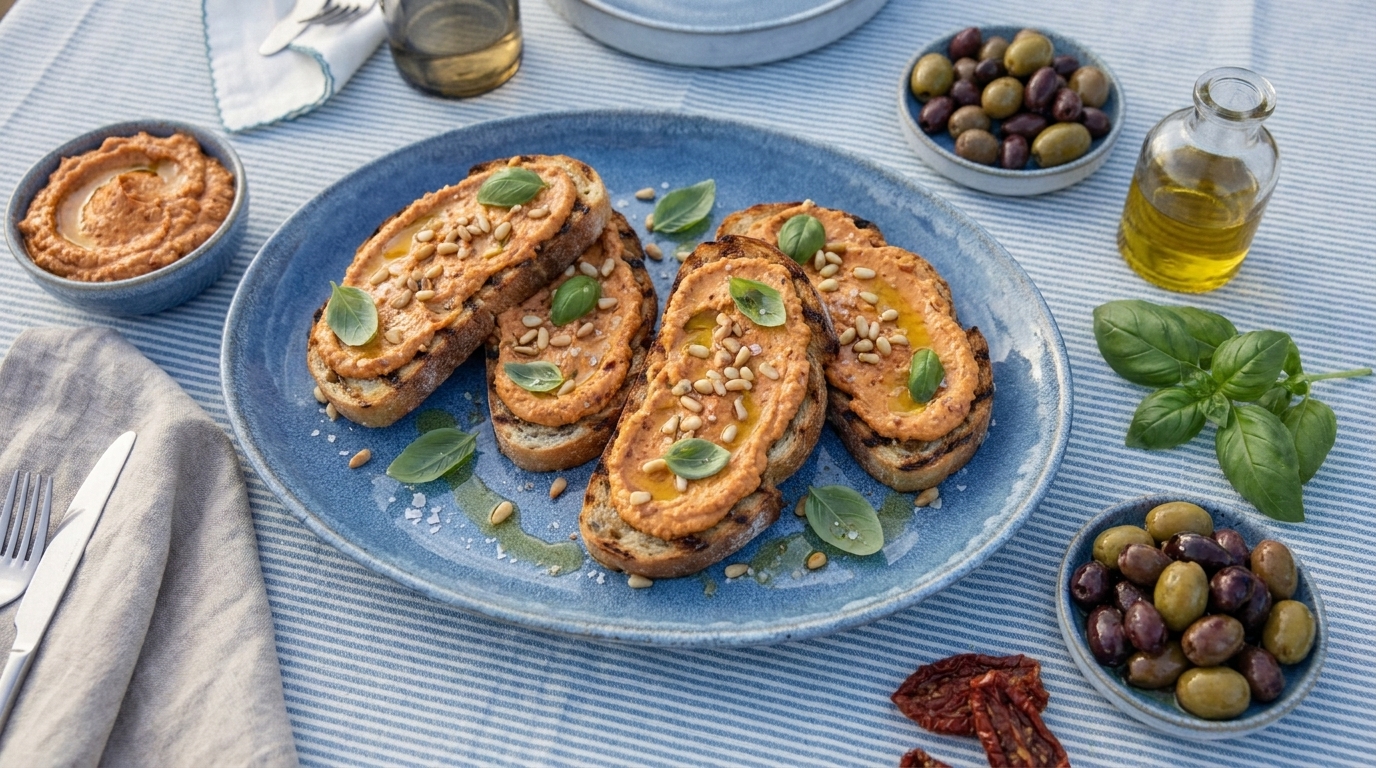 Blaue Platte mit vier gerösteten Brotscheiben, bestrichen mit tomatenbasiertem Aufstrich, garniert mit Basilikumblättern und Kernen. Daneben Schälchen mit Oliven und Fläschchen Olivenöl.