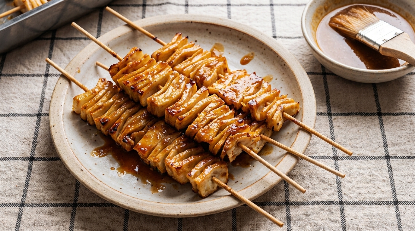 Vier Holzspieße mit goldbraun glasierten, gefächerten Grillstücken auf einem Teller, daneben eine Schale mit Sauce und ein Pinsel.