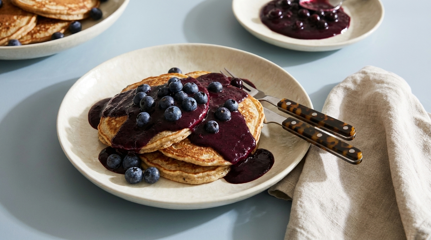 Drei goldbraune Pfannkuchen auf einem Teller, übergossen mit dunkler Blaubeersauce und garniert mit frischen Blaubeeren; Messer und Gabel liegen daneben.