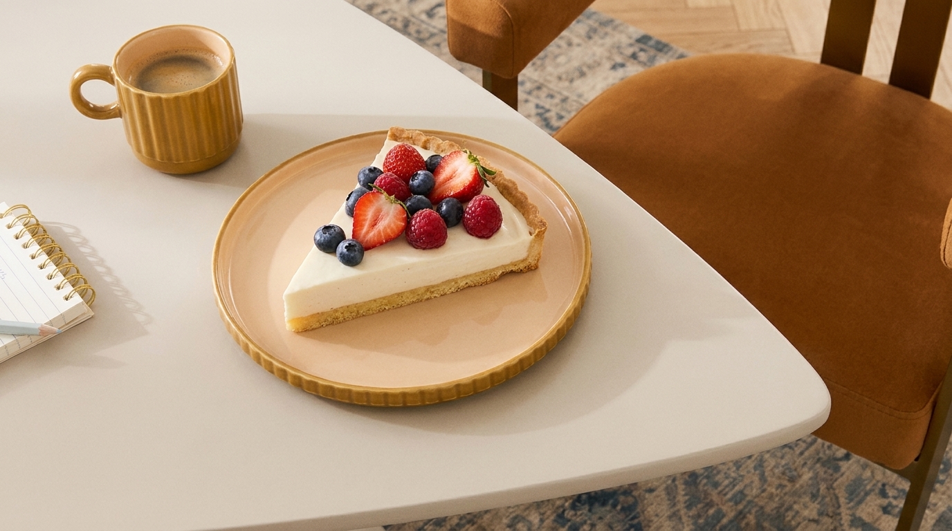 Scheibe Käsekuchen auf einem Teller, garniert mit Erdbeeren, Himbeeren und Heidelbeeren; daneben eine Tasse Kaffee.