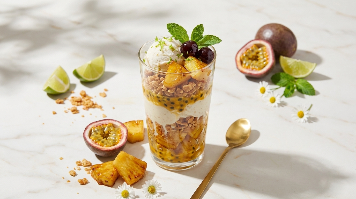Glas mit geschichtetem Dessert aus Joghurt, knusprigem Granola und Passionsfrucht‑Ananas‑Schichten, garniert mit Minzblatt und Passionsfruchtkernen.