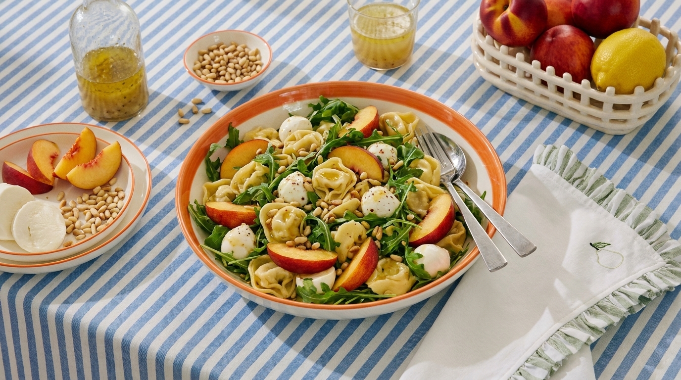Sommerlicher Tortellini-Salat in Schüssel mit Pfirsichscheiben, kleinen Mozzarellakugeln, Rucola, Pinienkernen und leichtem Dressing.