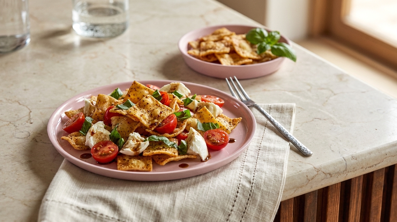 Teller mit knusprigen Tortilla-Chips, Cherry-Tomaten, Mozzarellastücken und frischem Basilikum, gewürzt; kleiner zweiter Teller mit Nachos im Hintergrund.
