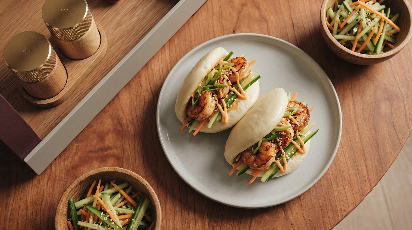 Zwei weiße Bao-Buns mit gebratenen Garnelen, dünnen Gurken- und Karottenstreifen, Frühlingszwiebeln und Sesam auf einem Teller; daneben zwei Schälchen mit Gemüse-Slaw.