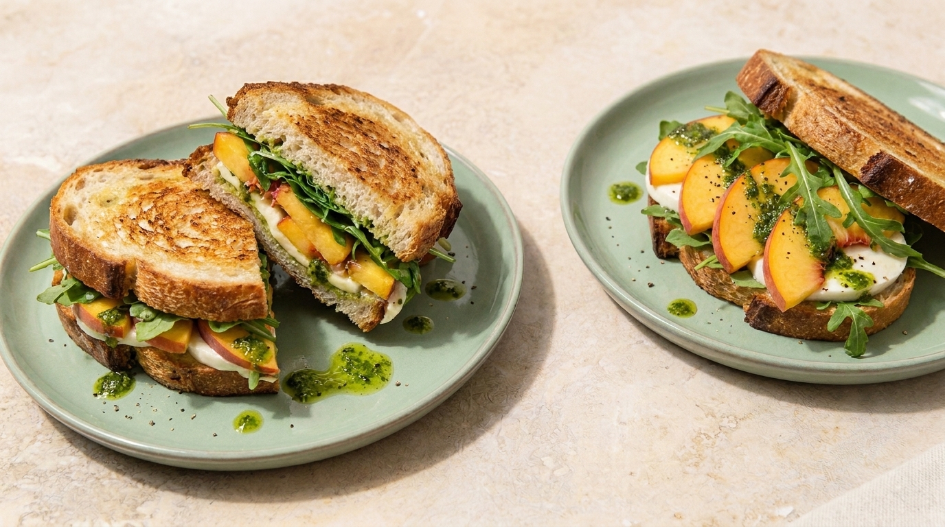 Zwei gegrillte Sandwiches auf Tellern: knuspriges Sauerteigbrot gefüllt mit Pfirsichscheiben, cremigem Käse, Rucola und Kräuterpesto.