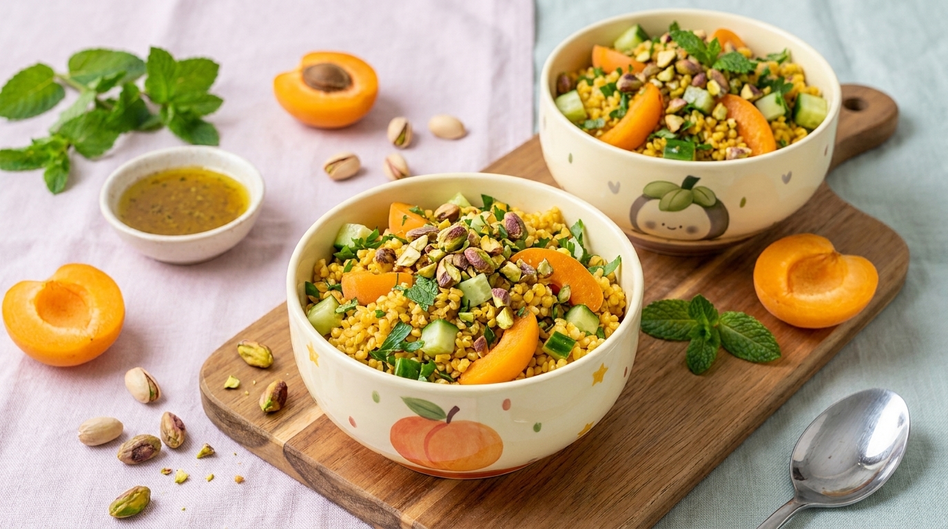 Zwei Schalen mit Couscous-Salat, garniert mit Aprikosenstücken, gehackten Pistazien und frischen Kräutern, auf einem Holzbrett, daneben Dressing und Aprikosenhälften.