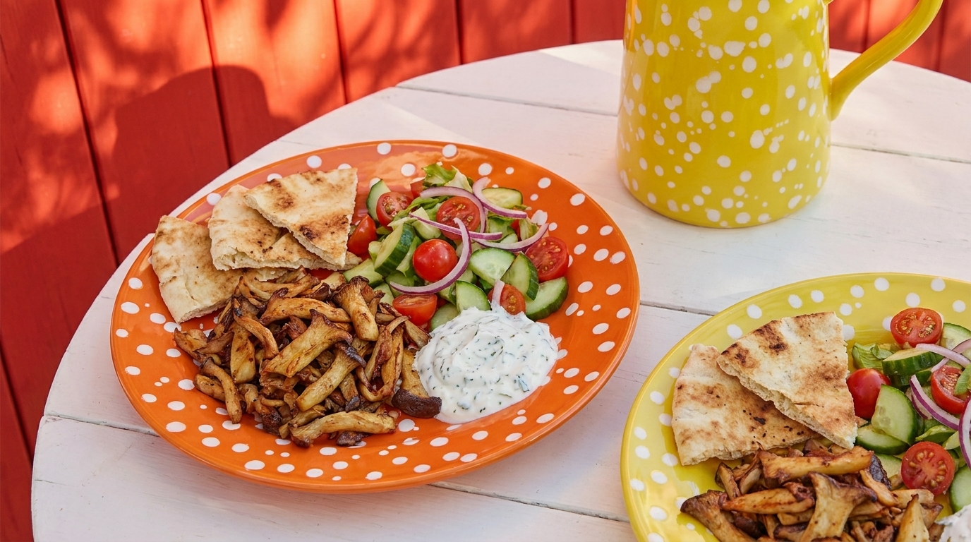 Bunter Teller mit gewürzten Fleischstreifen, geschnittenem Fladenbrot, Gurken‑Tomaten‑Salat und Joghurtdip (Tzatziki).