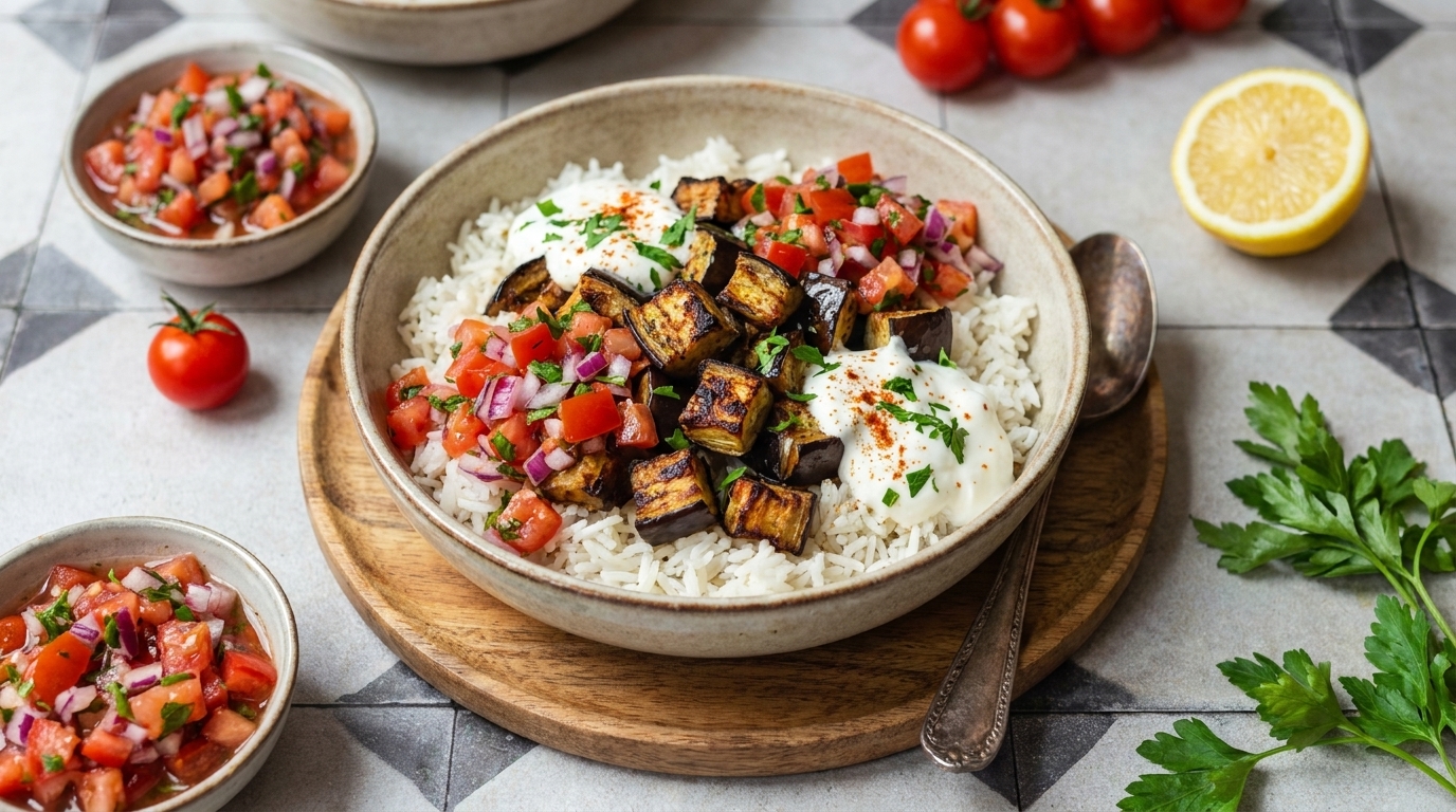 Schale mit Reis, darauf gebratene Auberginenwürfel, frische Tomaten-Zwiebel-Salsa und zwei Kleckse Joghurt, mit Kräutern garniert.
