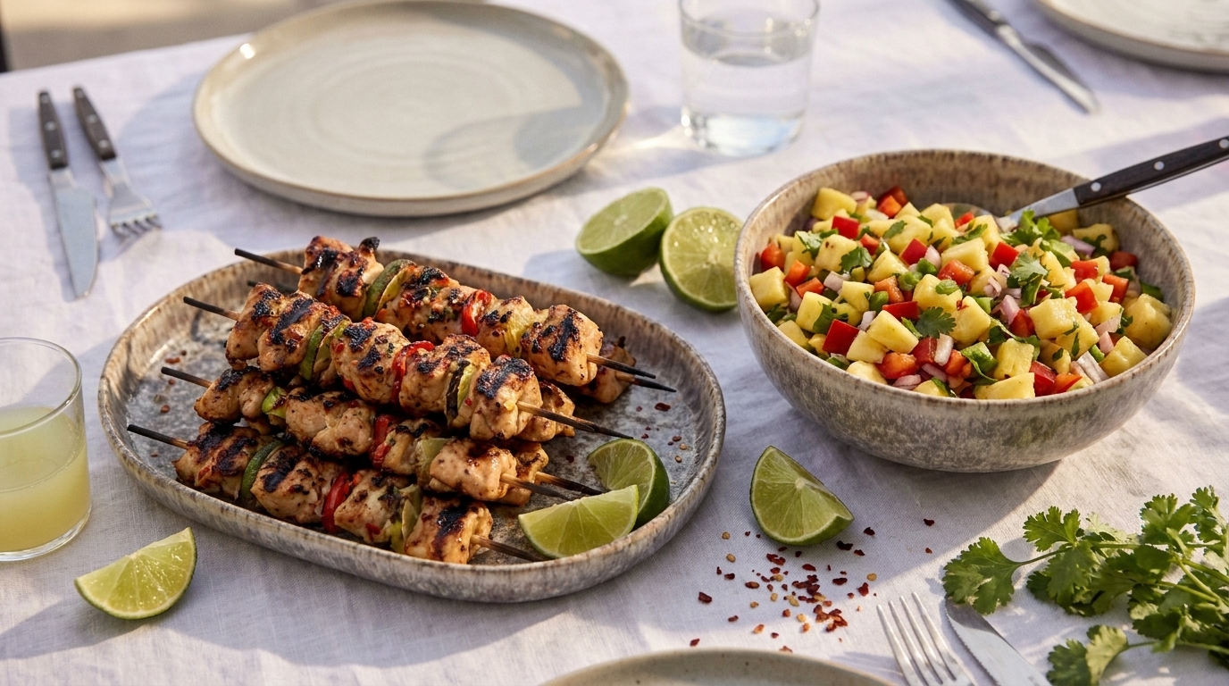 Gegrillte Hähnchenspieße mit Limettenspalten auf einer Platte, daneben eine Schüssel bunter Mango‑Ananas‑Paprika‑Koriander‑Salsa auf gedecktem Tisch.