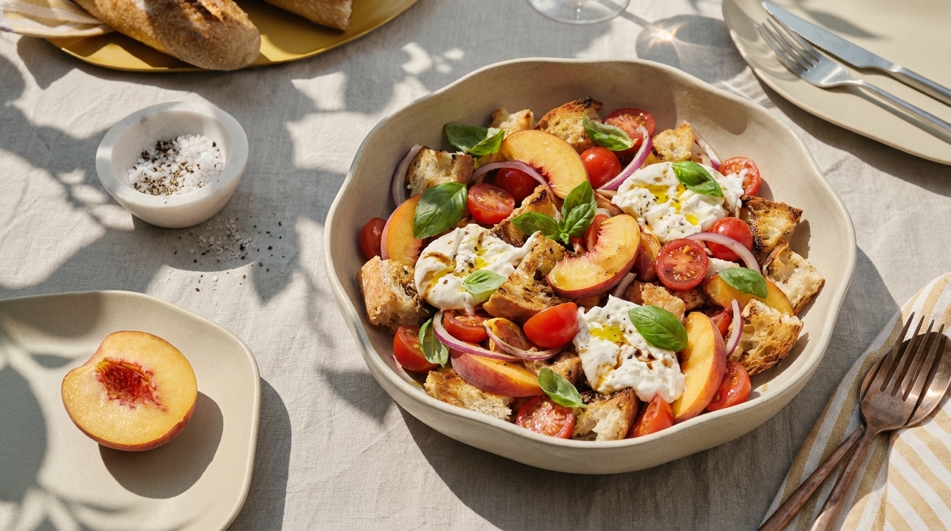 Große Schüssel mit Sommersalat aus Pfirsichscheiben, halbierten Kirschtomaten, cremiger Burrata, gerösteten Brotwürfeln, roten Zwiebelscheiben, Basilikumblättern und Olivenöl.