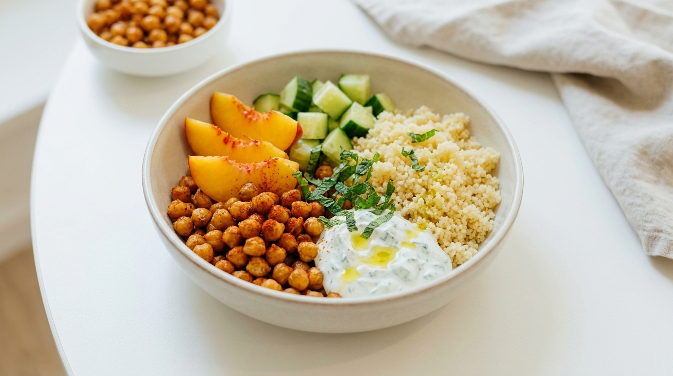 Schüssel mit Couscous-Bowl: Couscous, geröstete Kichererbsen, Pfirsichscheiben, gewürfelte Gurke und Kräuter-Joghurt mit Olivenöl, mit frischer Minze garniert.