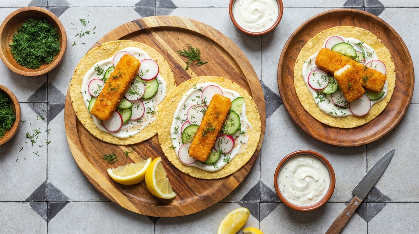 Drei Tortillas mit jeweils einem panierten Fischstäbchen, Dill, dünn geschnittenen Radieschen und Gurken sowie einer cremigen Sauce, serviert mit Zitronenspalten.