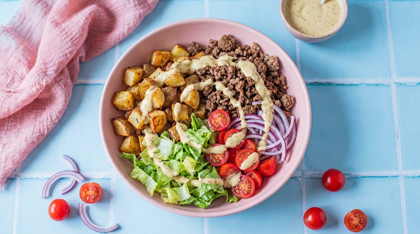 Bunte Salat-Bowl mit gebratenem Hackfleisch, gewürfelten Bratkartoffeln, frischem Kopfsalat, halbierten Kirschtomaten, roten Zwiebelringen und cremigem Dressing.