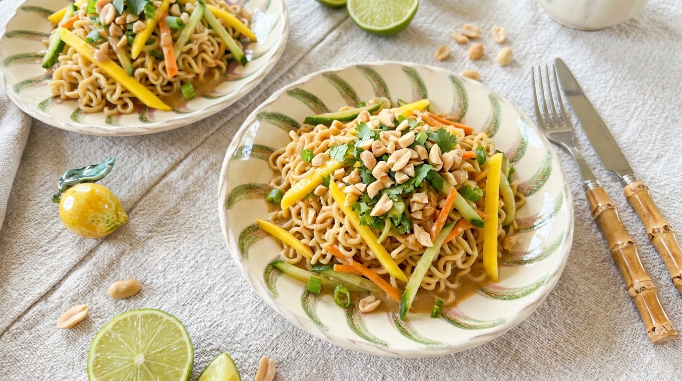 Zwei Schalen mit asiatischem Nudelsalat, garniert mit Mango- und Karottenstreifen, gehackten Erdnüssen und Koriander; Limettenscheiben und Besteck daneben.