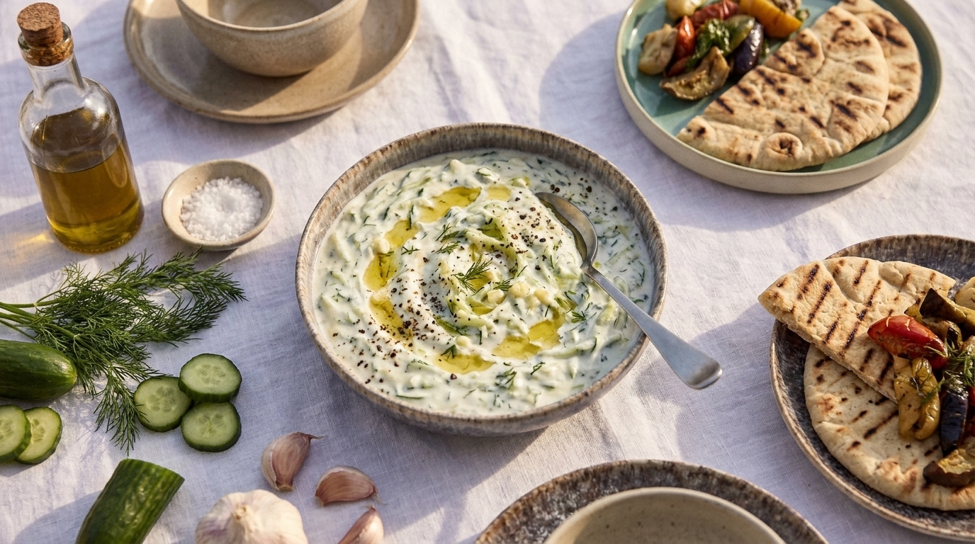 Cremiges Tzatziki in einer Schüssel, mit Olivenöl und Dill garniert, dazu Fladenbrot, Gurkenscheiben, Knoblauch und gegrilltes Gemüse als mediterranes Vorspeisenarrangement.