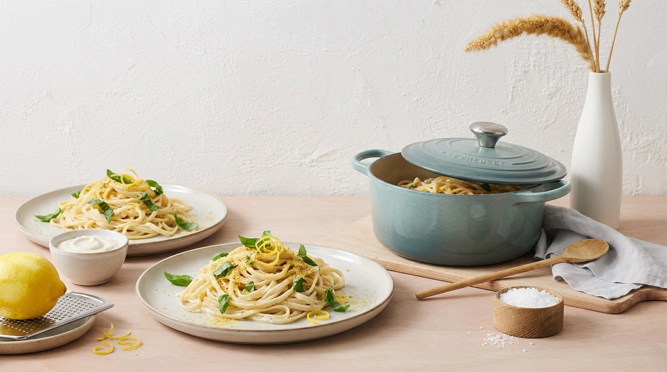 Zwei Teller Spaghetti mit Zitronenzesten und frischen Kräutern, daneben ein offener blauer Kochtopf mit weiterer Pasta, Zitronenhälfte, kleine Schale Sauce und Küchenutensilien auf hellem Tisch.