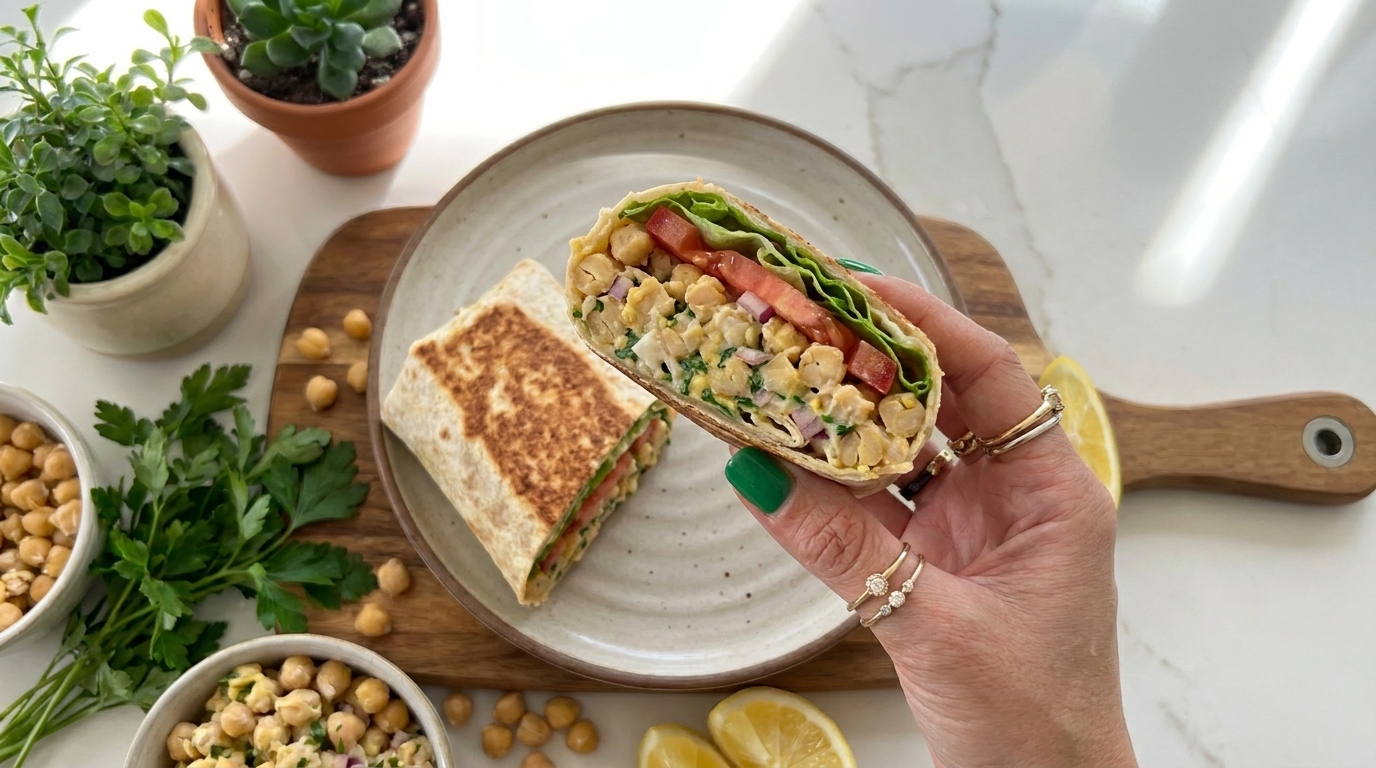 Hand hält halbierten Wrap mit Kichererbsen-Salat, Tomaten und Salatblättern; zweite Wrap-Hälfte auf Teller, Zitrone und frische Kräuter daneben.