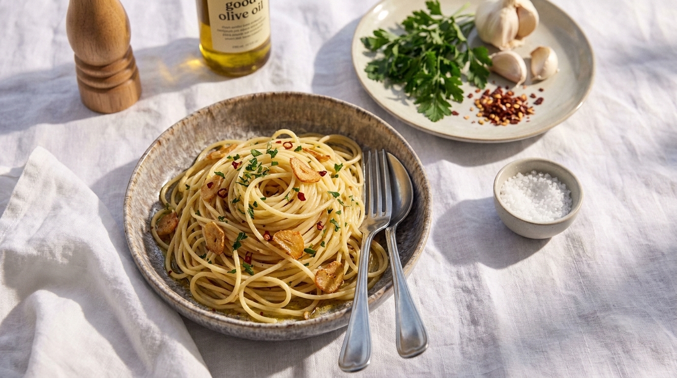 Teller mit Spaghetti aglio e olio, Knoblauchscheiben, Chiliflocken und Petersilie, Gabel und Löffel am Rand; daneben Olivenöl, Knoblauchzehen, Salz und Pfeffermühle.