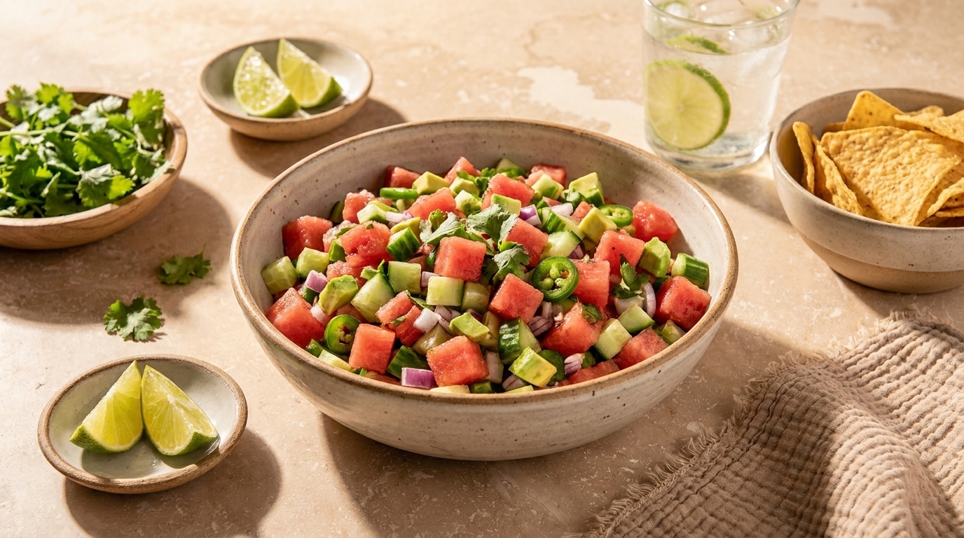 Schale mit frischem Wassermelonen‑Gurken‑Salat mit Avocado, roten Zwiebeln, Jalapeño und Koriander; Limettenstücke, Tortilla‑Chips und ein Glas Limettenwasser daneben.