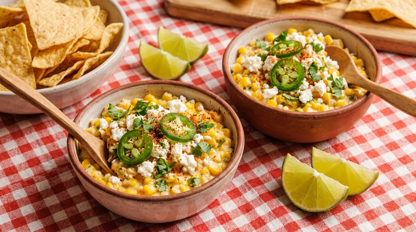 Zwei Schalen mexikanischer Maissalat (Esquites) mit zerbröseltem Käse, Jalapeño‑Scheiben, Koriander, Chili und Limetten; Tortilla‑Chips im Hintergrund.