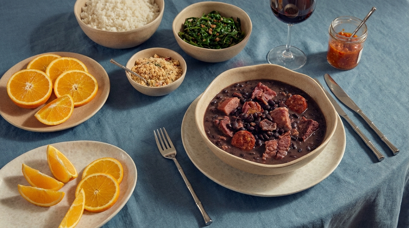 Feijoada: Schale mit schwarzem Bohneneintopf mit Fleisch und Wurst, umgeben von Reis, Farofa, sautiertem Grünkohl, Orangenscheiben und Chilisauce auf blauem Tischtuch.