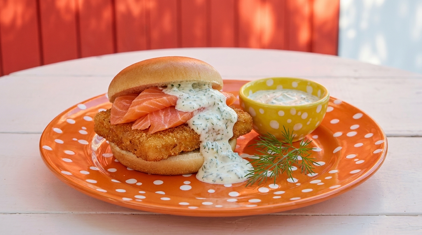 Briochebrötchen mit paniertem Fischfilet, Räucherlachs und cremiger Dillsauce, auf einem orangefarbenen Tupfen-Teller, daneben eine kleine Schale Sauce und ein Dillzweig.