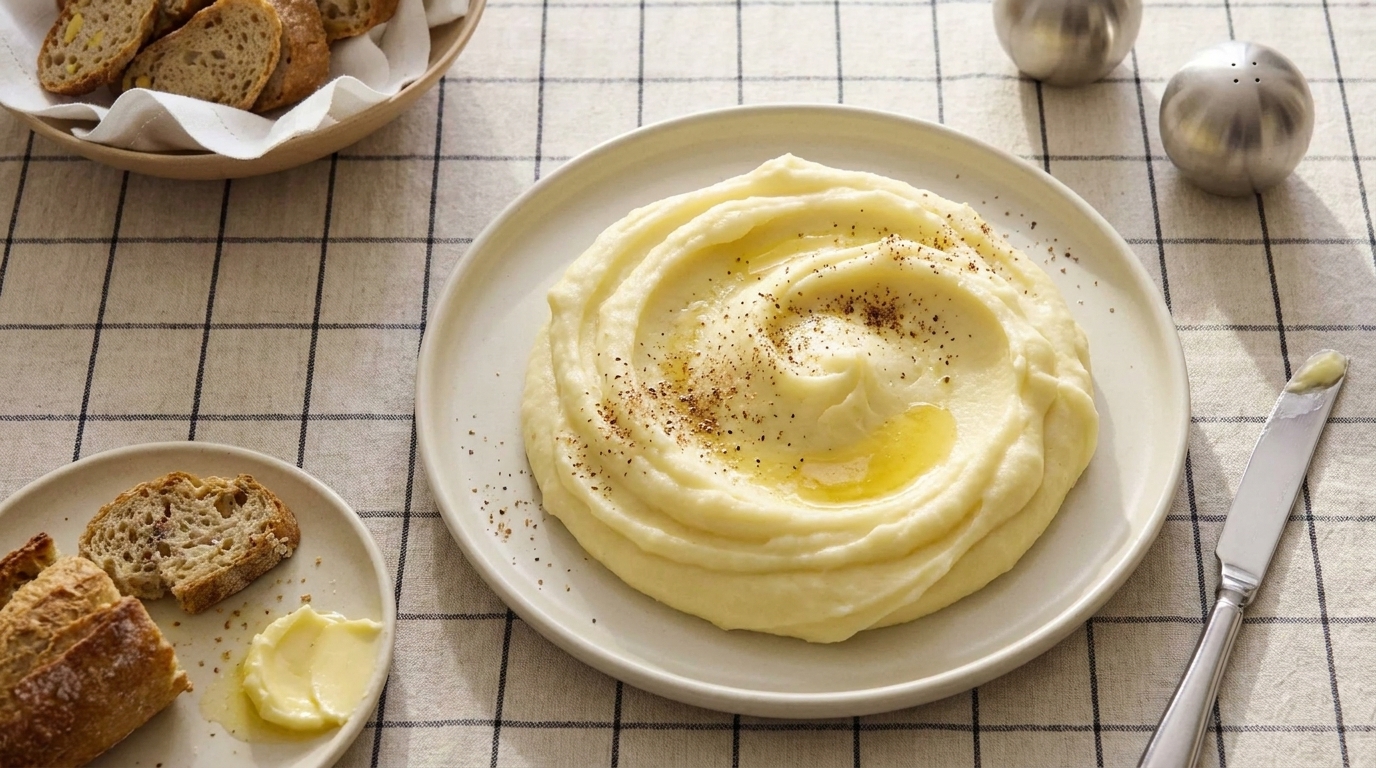 Teller mit cremigem Kartoffelpüree, spiralig angerichtet, mittig mit geschmolzener Butter und frisch gemahlenem schwarzem Pfeffer garniert; daneben Brotscheiben und Messer.